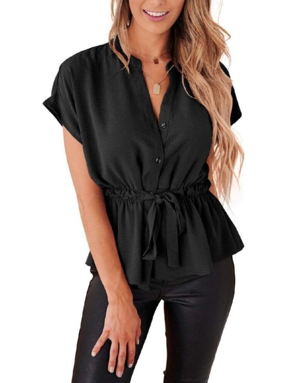 Womens Button Down Blouses Casual Peplum Summer Tops Dressy Chiffon Work Blouse